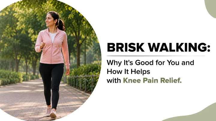 Woman brisk walking for knee pain relief and knee pain relief device support
