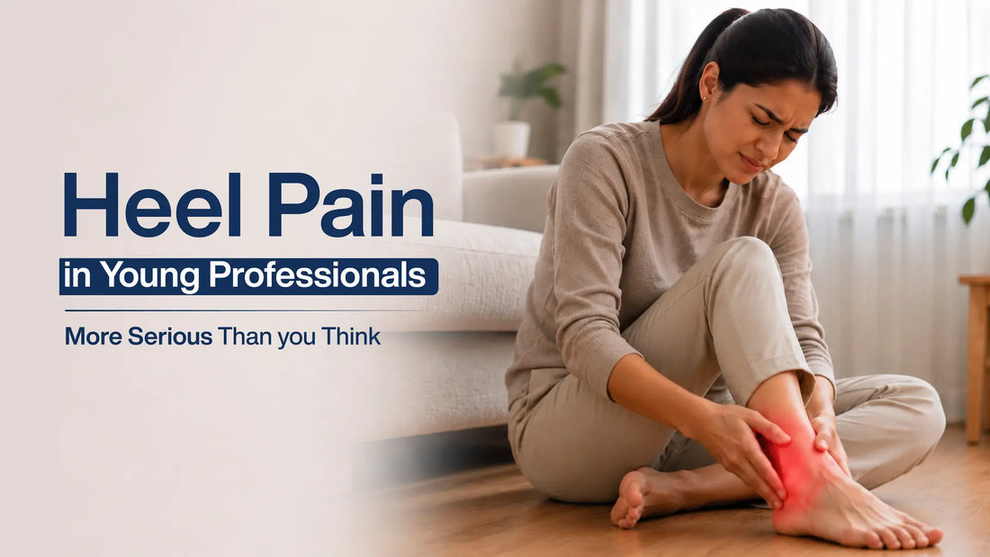 Heel pain in young professional sitting on floor and holding painful heel at home