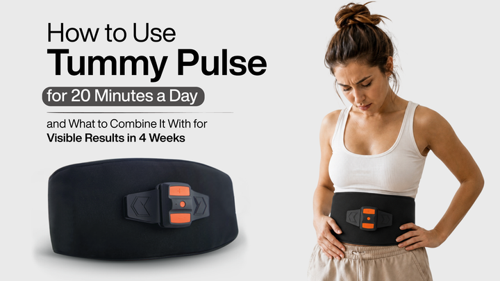 Tummy Pulse slimming belt worn around the waist by a woman, showing how to use Tummy Pulse for 20 minutes a day to support waist shaping and visible results.
