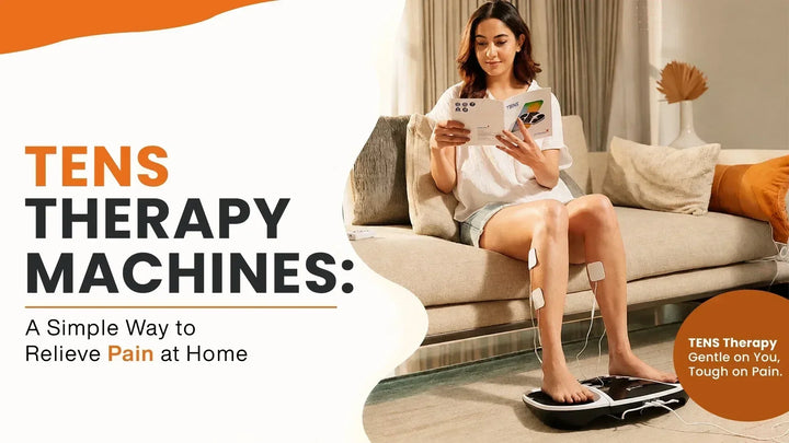 TENS therapy machine with a woman using the device at home for pain relief.