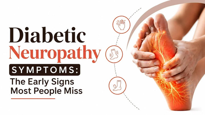 Diabetic neuropathy symptoms infographic showing burning foot pain, numbness, tingling, and early warning signs.