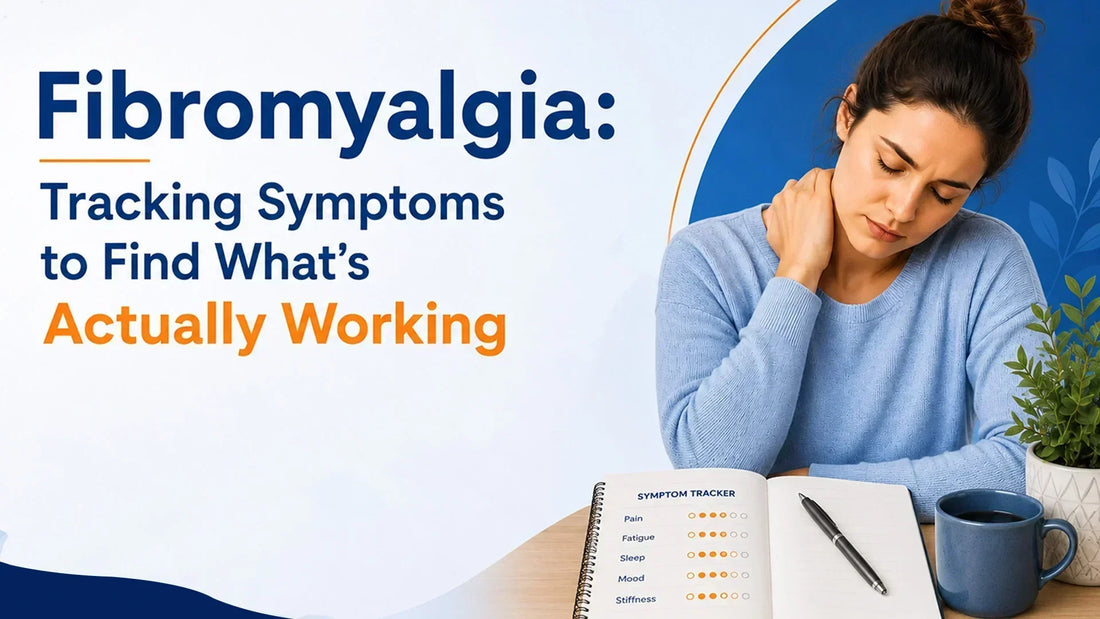 Woman holding her neck in discomfort while filling in a fibromyalgia symptom tracking log at a desk