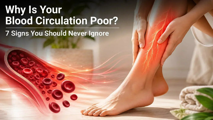 Illustration showing leg discomfort and vascular health concerns, highlighting how to improve blood circulation naturally and recognize common signs of poor circulation in the legs.