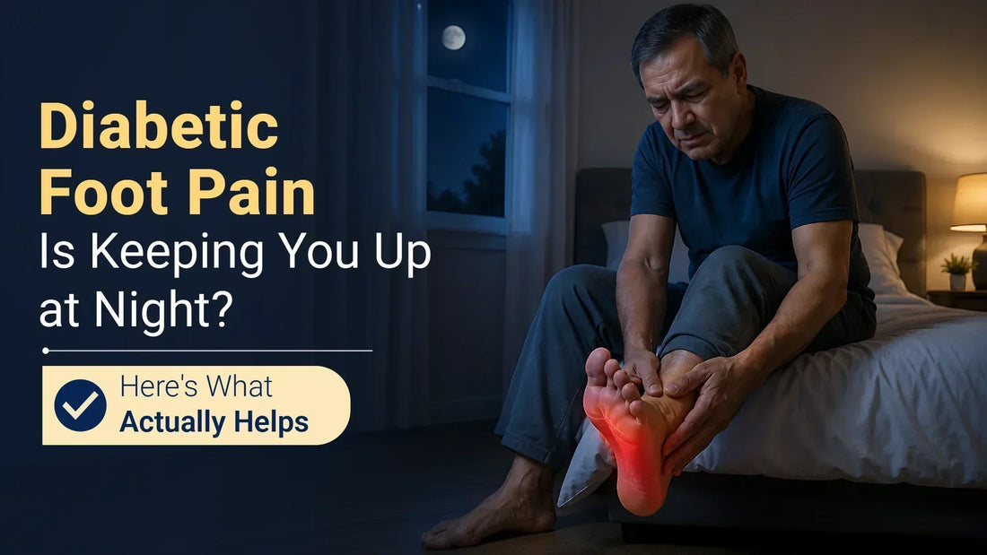 Man experiencing diabetic foot pain at night while holding his foot due to burning and nerve discomfort.
