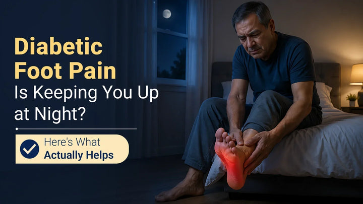 Man experiencing diabetic foot pain at night while holding his foot due to burning and nerve discomfort.