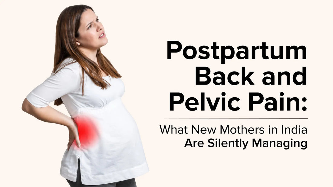 Pregnant woman holding her lower back with highlighted pain area alongside the text "Postpartum Back and Pelvic Pain: What New Mothers in India Are Silently Managing."