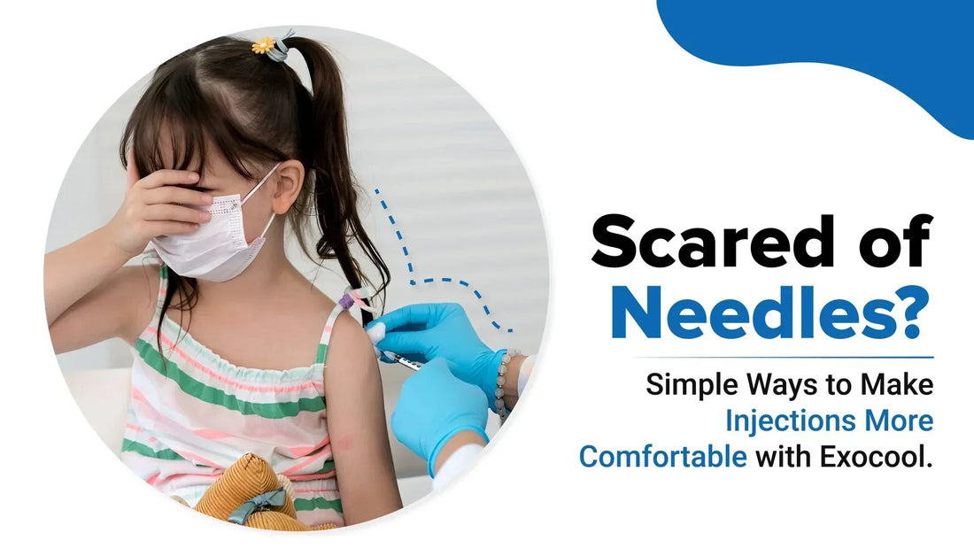 Child showing fear of needles with healthcare professional preparing an injection, highlighting comfortable injections with Exocool cryo-numbing technology.