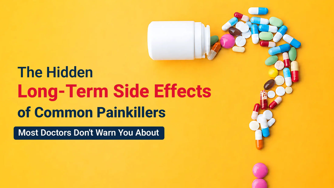 Hidden long-term side effects of painkillers illustrated with spilled medicine capsules and tablets.
